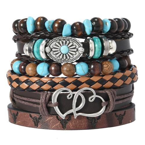 PU Leather Cord Bracelets with turquoise & Wax Cord & Wood & Zinc Alloy 6 pieces & multilayer & for man mixed colors Sold By Set