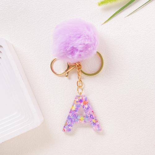 Bag Purse Charms Keyrings Keychains Resin with Sequins & Plush portable & letters are from A to Z & multifunctional purple Sold By PC