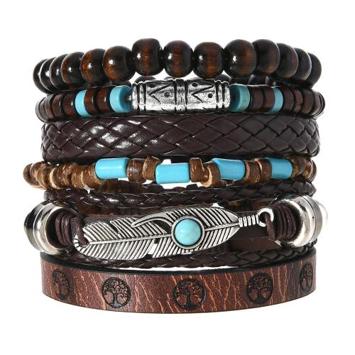 PU Leather Cord Bracelets with Zinc Alloy handmade 6 pieces & vintage & for man coffee color Length Approx 21.5 cm Sold By Set