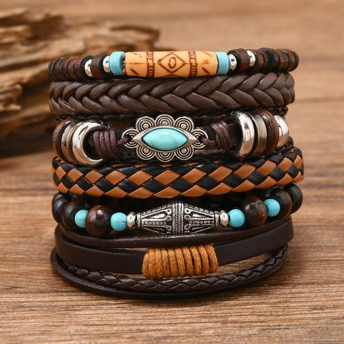 PU Leather Cord Bracelets with turquoise & Zinc Alloy handmade 6 pieces & vintage & for man deep coffee color Length Approx 21.5 cm Sold By Set