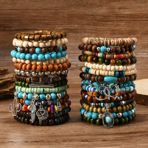 Zinc Alloy Bracelet with Wood 30 pcs & elastic & for man mixed colors Sold By Set