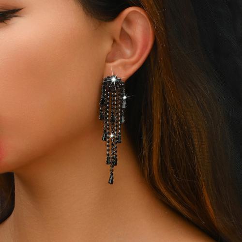 Zinc Alloy Tassel Earring with Rhinestone fashion jewelry & for woman black Sold By Pair