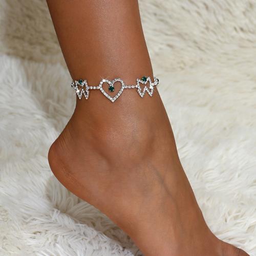 Mässing anklet, med 2.4inch extender kedja, Hjärta, silver pläterad, för kvinna & med strass & ihålig, fler färger för val, Längd Ca 8.7 inch, Säljs av PC