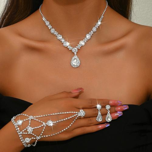 Rhinestone Jewelry Set with Zinc Alloy plated & for woman silver color Sold By Set