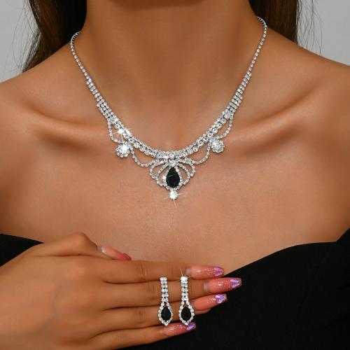 Rhinestone Jewelry Set earring & necklace with Crystal & Zinc Alloy Crown plated 2 pieces & for woman Sold By Set