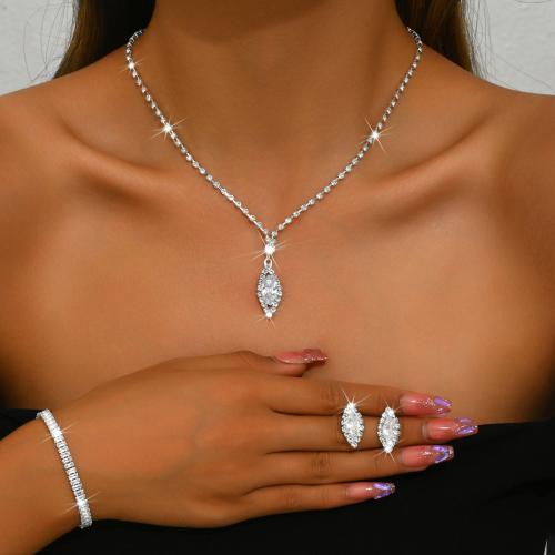 ottone set di gioielli fashion, Occhio di cavallo, placcato, stili diversi per la scelta & Micro spianare cubic zirconia & per la donna & con strass, argento, Venduto da set