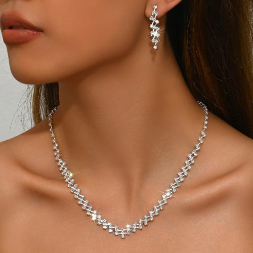 Rhinestone Jewelry Set earring & necklace with Zinc Alloy plated 2 pieces & for woman silver color Sold By Set