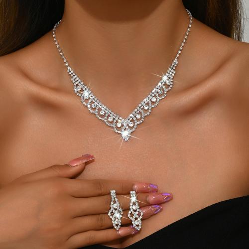 Rhinestone Jewelry Set earring & necklace with Zinc Alloy plated 2 pieces & for woman silver color Sold By Set