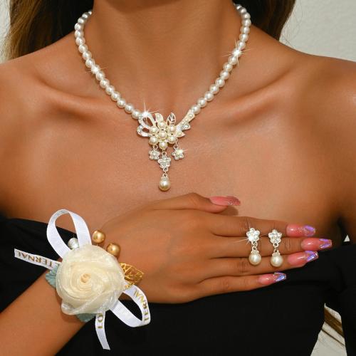 Zinc Alloy Jewelry Set with Cloth & Plastic Pearl Flower plated & for woman & with rhinestone Sold By Set