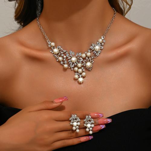 Zinc Alloy Jewelry Set earring & necklace with Plastic Pearl 2 pieces & for woman silver color Sold By Set