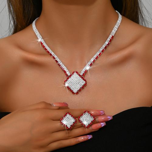 Rhinestone Jewelry Set Stud Earring & necklace with Zinc Alloy Geometrical Pattern plated 2 pieces & for woman Sold By Set