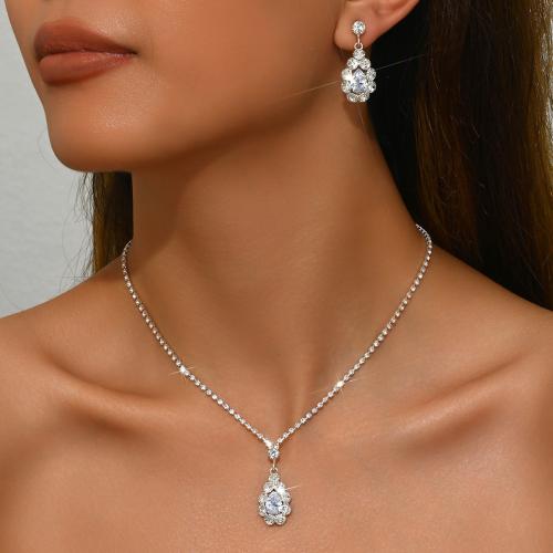 Rhinestone Jewelry Set earring & necklace with Zinc Alloy Teardrop plated 2 pieces & for woman silver color Sold By Set