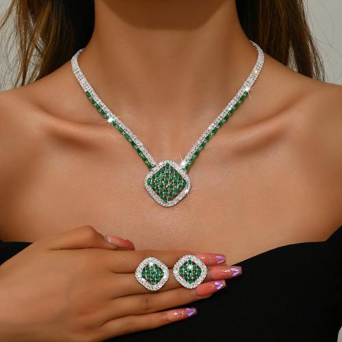 Rhinestone Jewelry Set Stud Earring & necklace with Zinc Alloy Geometrical Pattern plated 2 pieces & micro pave cubic zirconia & for woman Sold By Set