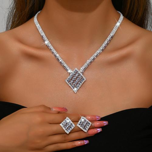 Rhinestone Jewelry Set Stud Earring & necklace with Zinc Alloy Geometrical Pattern plated 2 pieces & for woman Sold By Set