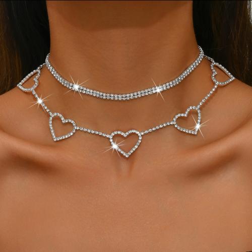 Zinc Alloy Necklace with 2.4inch extender chain Heart plated for woman & with rhinestone & hollow Length Approx 12.8 Inch Sold By PC