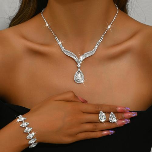 Brass Jewelry Set with Crystal plated & for woman & with rhinestone silver color Sold By Set