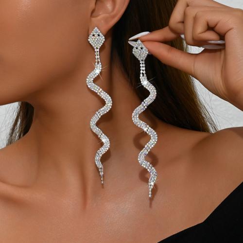 Brass Drop Earring Snake plated for woman & with rhinestone silver color Sold By Pair