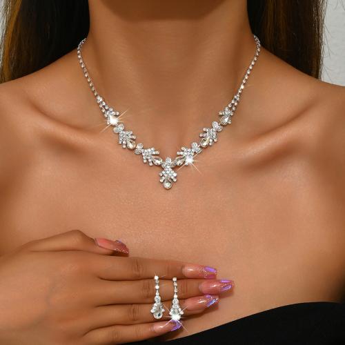 Rhinestone Jewelry Set earring & necklace with Crystal & Zinc Alloy plated 2 pieces & for woman silver color Sold By Set