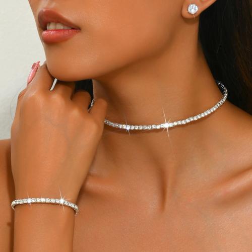 ottone set di gioielli fashion, Orecchino a bottone & collarecolletto & braccialetto, placcato, tre pezzi & Micro spianare cubic zirconia & per la donna, argento, Venduto da set