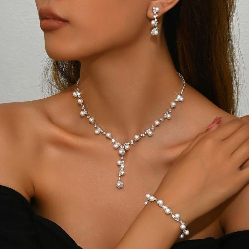 Brass Jewelry Set with Plastic Pearl plated & for woman & with rhinestone silver color Sold By Set