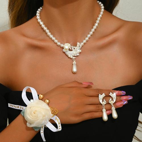 Zinc Alloy Jewelry Set with Cloth & Plastic Pearl plated & for woman & with rhinestone Sold By PC