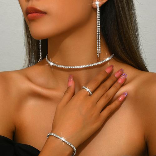 Brass Jewelry Set collar & finger ring & bracelet & earring plated & micro pave cubic zirconia & for woman silver color Sold By Set