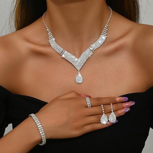 Rhinestone Jewelry Set with Zinc Alloy plated & for woman silver color Sold By Set