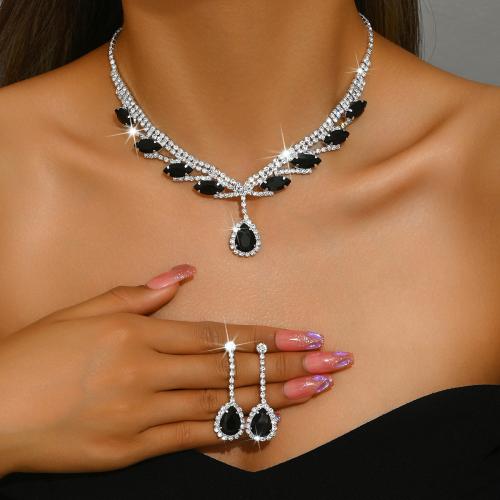 Rhinestone Jewelry Set earring & necklace with Zinc Alloy plated 2 pieces & for woman Sold By Set