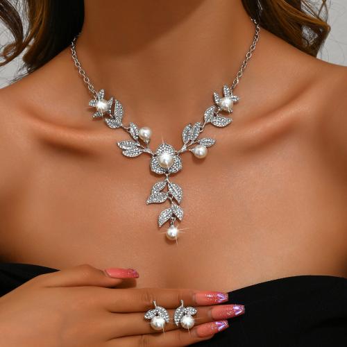 Rhinestone Jewelry Set with Plastic Pearl & Zinc Alloy Flower plated 2 pieces & for woman silver color Sold By Set