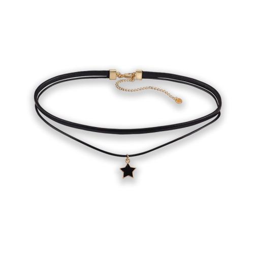 Collier de bijoux en alliage de zinc, avec cordon en cuir, avec 7.5cm chaînes de rallonge, Double couche & bijoux de mode & pour femme, noire, Longueur Environ 34 cm, Vendu par PC