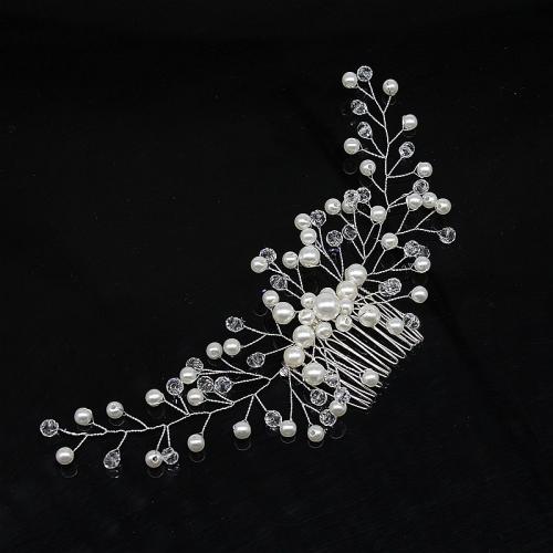 Decorative Hair Combs Iron with brass wire & Crystal & Plastic Pearl for bridal silver color Sold By PC