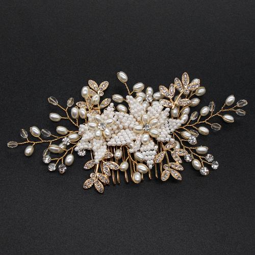 Decorative Hair Combs Iron with brass wire & Crystal & Plastic Pearl for bridal & with rhinestone golden Sold By PC