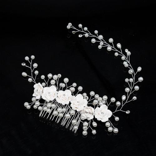 Decorative Hair Combs Iron with brass wire & Polymer Clay & Plastic Pearl for bridal & with rhinestone silver color Sold By PC