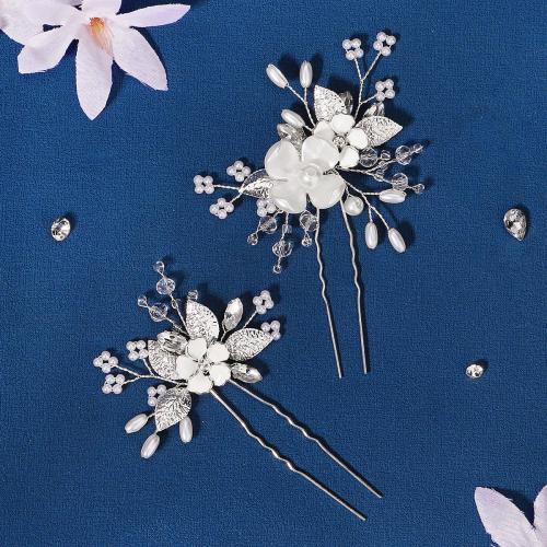 Hair Stick Zinc Alloy with brass wire & Crystal & Plastic Pearl 2 pieces & for bridal silver color Sold By Set