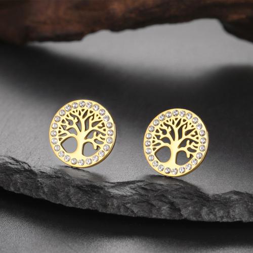 Stainless Steel Stud Earrings 304 Stainless Steel 18K gold plated fashion jewelry & for woman & with rhinestone golden 10mm Sold By PC