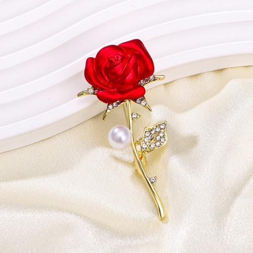 Zinc Alloy Brocher, med Plastic Pearl, Rose, for kvinde & emalje & med rhinestone, flere farver til valg, 30x56mm, Solgt af PC