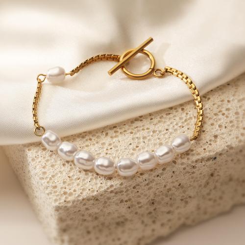 Roestvrij staal armbanden, 304 roestvrij staal, met Plastic Pearl, gold plated, voor vrouw, Verkocht door PC