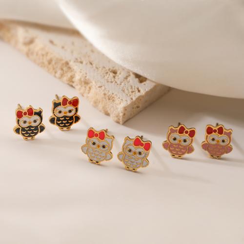 Stainless Steel Stud Earrings 304 Stainless Steel Owl gold color plated for woman & enamel Sold By Pair