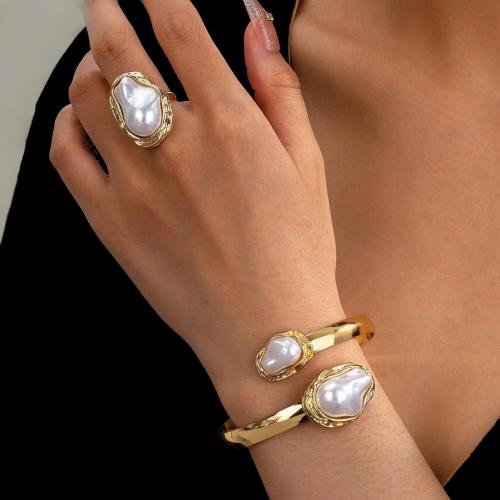 Jewelry Sets bangle & finger ring Iron with Plastic Pearl gold color plated Adjustable & for woman nickel lead & cadmium free Sold By Set