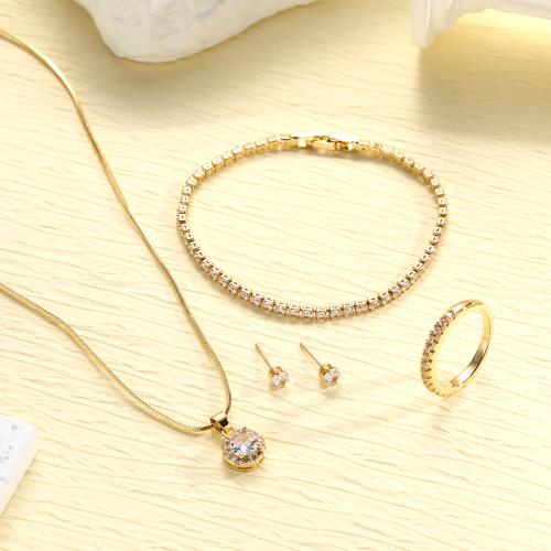 Cubic Zirconia Micro Pave Brass Jewelry Sets Stud Earring & finger ring & bracelet & necklace plated 4 pieces & micro pave cubic zirconia & for woman golden Sold By Set