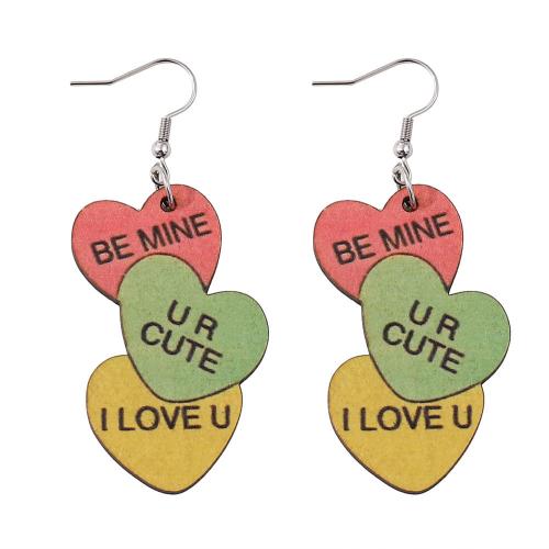 Wood Earring with 304 Stainless Steel Heart printing dual polish twist chain & fashion jewelry & for woman mixed colors Sold By Pair