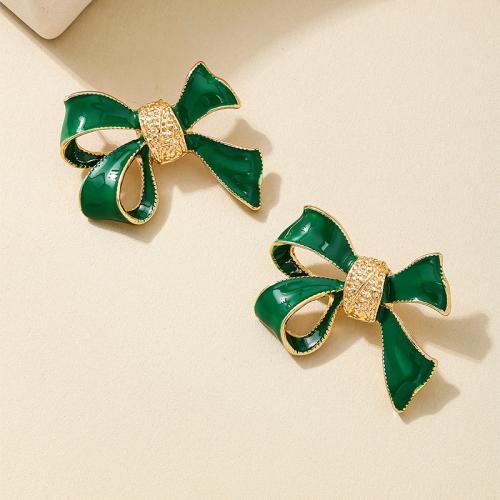 Zinc Alloy Stud Earring Bowknot plated for woman & enamel green Sold By Pair