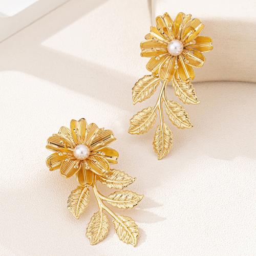 Lo zinco in lega Stud Earring, lega in zinco, with perla in plastica, Fiore, placcato, per la donna, oro, Venduto da coppia