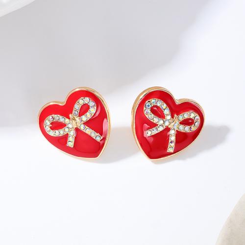 Zinc Alloy Stud Earring Heart plated micro pave cubic zirconia & for woman & enamel red Sold By Pair