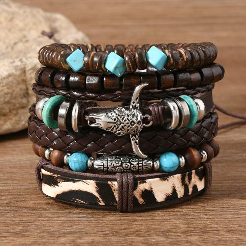 PU Leather Cord Bracelets with turquoise & Wood & Zinc Alloy handmade 6 pieces & for man Sold By Set