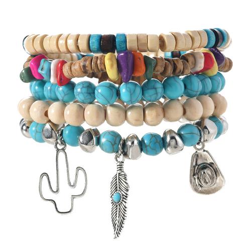 Sinc Alloy Bracelet, le turquoise & Coco & Adhmad, 5 phíosa & unisex, dathanna measctha, Fad Thart 20 cm, Díolta De réir Socraigh