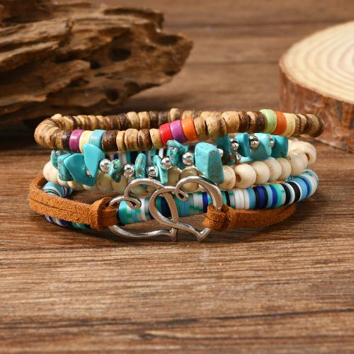 Zinklegering armbandkettingen, Zinc Alloy, met turkoois & PU & Hout, handgemaakt, 5 stuks & multilayer & elastische & uniseks, gemengde kleuren, Lengte Ca 20 cm, Verkocht door Stel