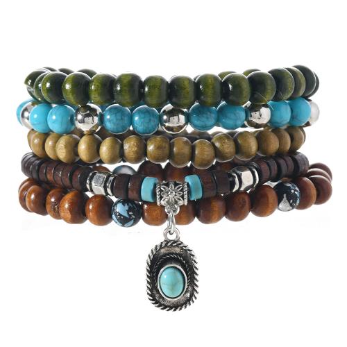 Zinklegering armbandkettingen, Zinc Alloy, met turkoois & Kokosnoot & Hout, handgemaakt, 5 stuks & elastische & voor de mens, gemengde kleuren, Lengte Ca 20 cm, Verkocht door Stel