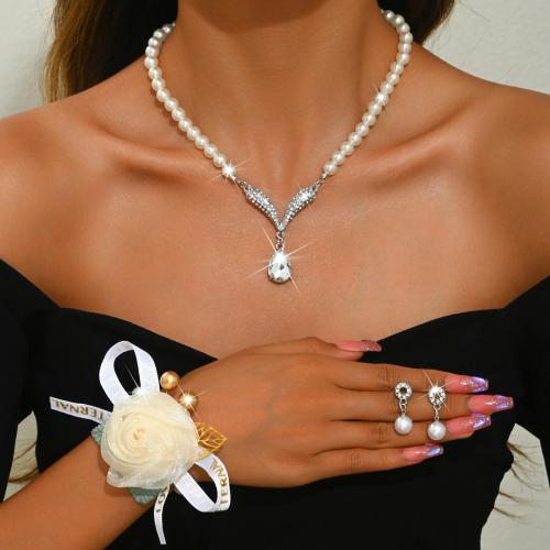 Plastic Pearl Jewelry Set with Cloth & Rhinestone & Zinc Alloy & for woman Sold By Set