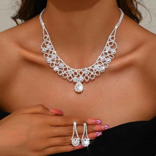 Rhinestone Jewelry Set with Zinc Alloy plated 2 pieces & for woman Sold By Set